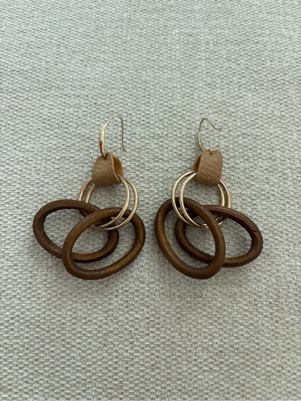 Trendy boutique Brown Leather and Gold Multi-Ring Drop Earrings